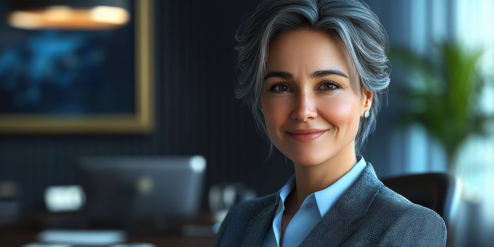 Professional woman with silver hair smiling confidently in a modern office setting during the day